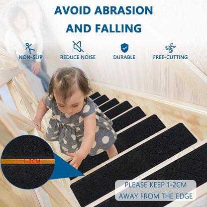 KOOTETA Stair Treads for Wooden Steps Indoor, 15 Pack 8" X 30" Non Slip Carpet Stair Treads with Reusable Adhesive for Kids Elders and Dogs, Surface Polyester TPR Backing Stair Runner Rugs, Dark Grey