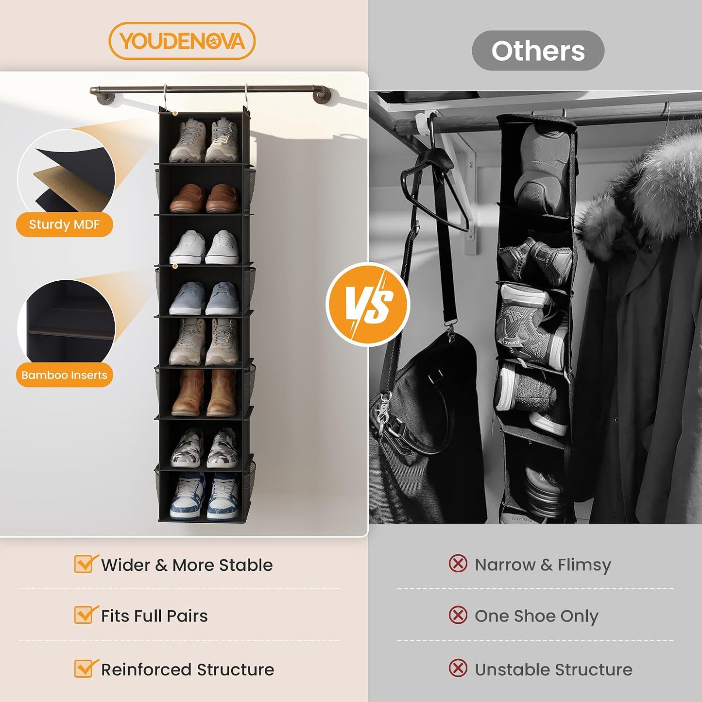YOUDENOVA Upgraded Extra Wide Hanging Shoe Organizer for Closet, 8-Shelf Storage Organizer with 8 Side Pockets, Hanging Shoe Rack for Hats Clothes Jeans, Grey