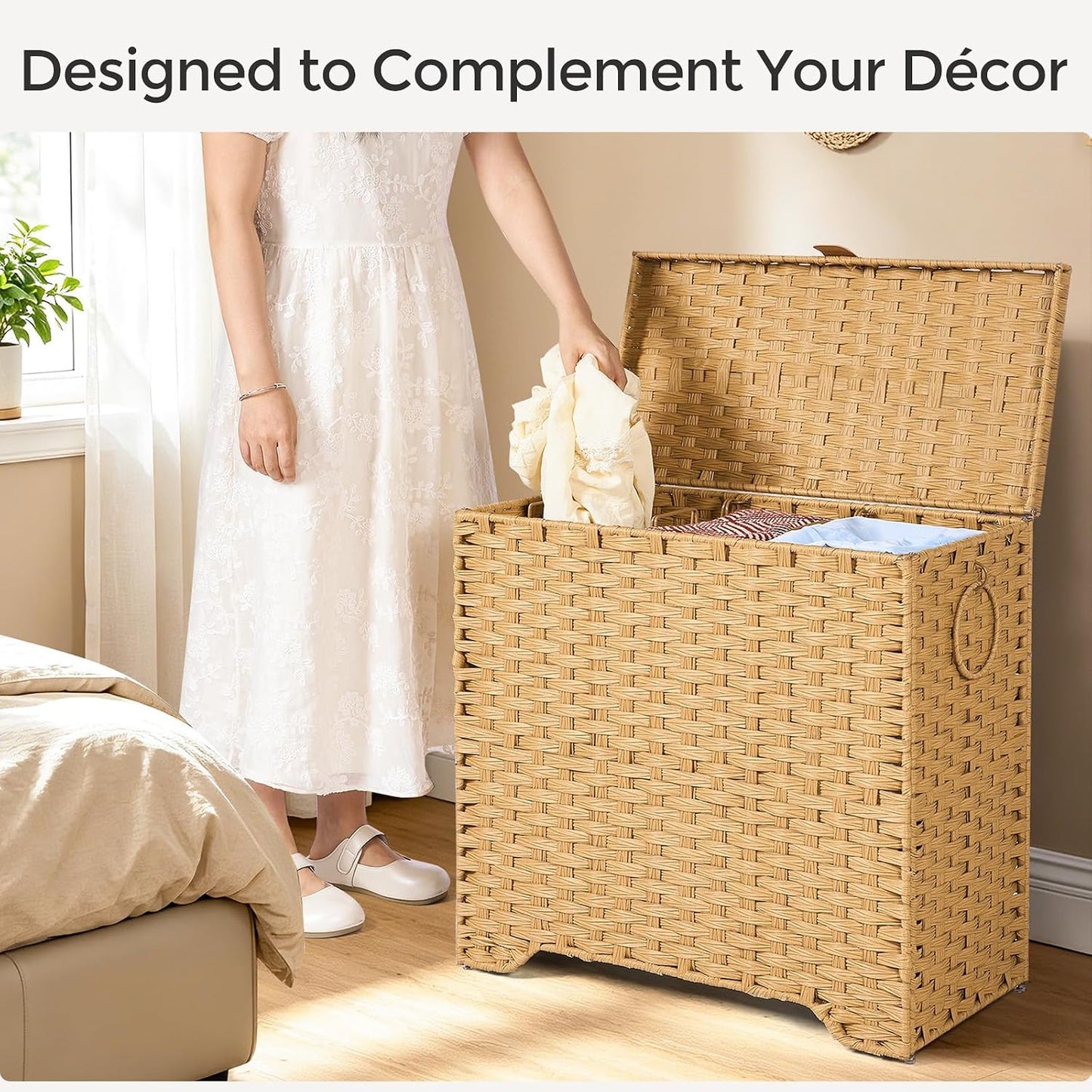 130L Laundry Hamper with Lid, 3 Section Laundry Hamper with 3 Removable Liner Bags, Large Wicker Laundry Basket with 4 Mesh Laundry Bags, Clothes Hamper for Laundry Room, Bedroom, Bathroom