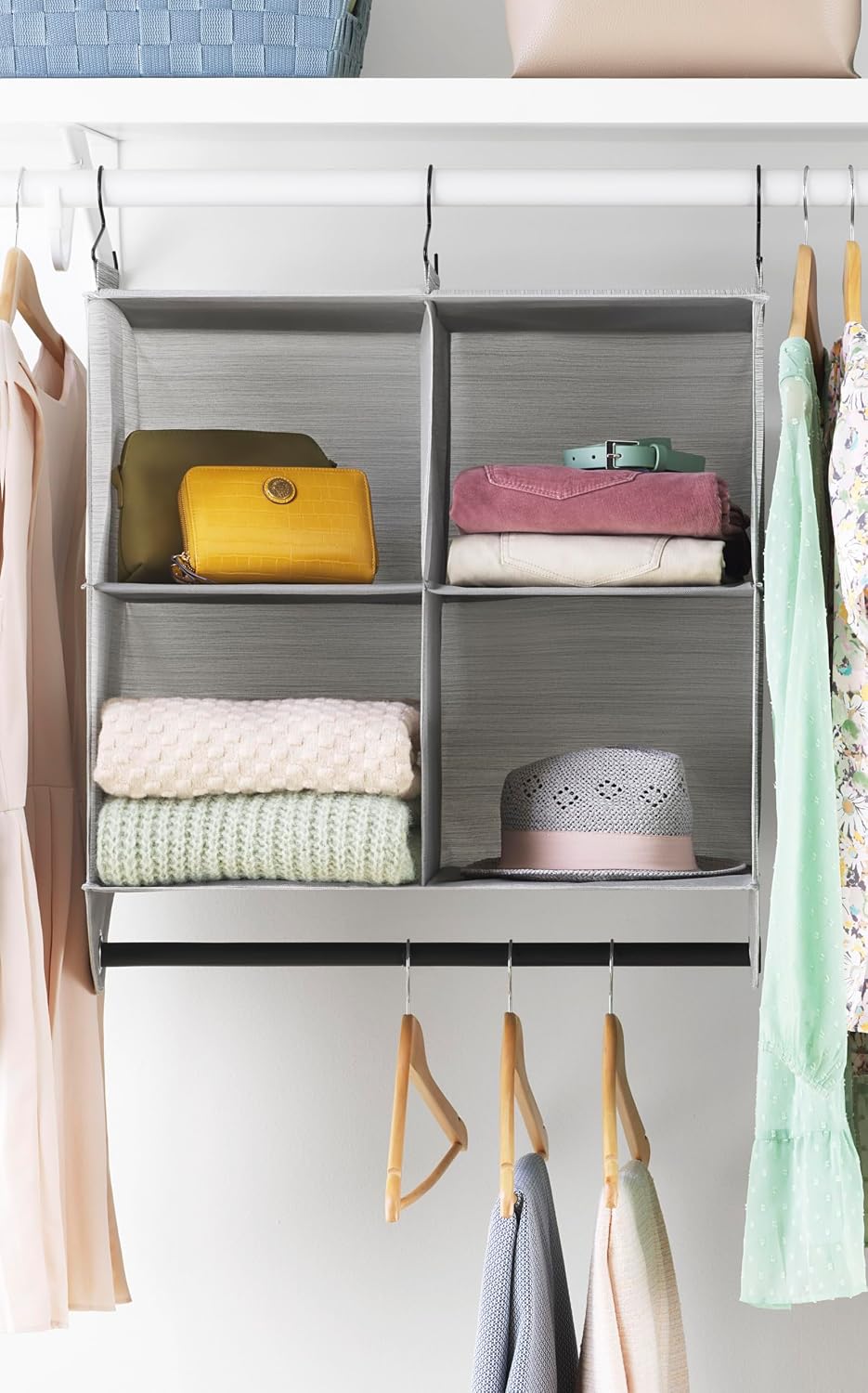 Whitmor 4 Section Fabric Closet Organizer Shelving with Built In Chrome Garment Rod