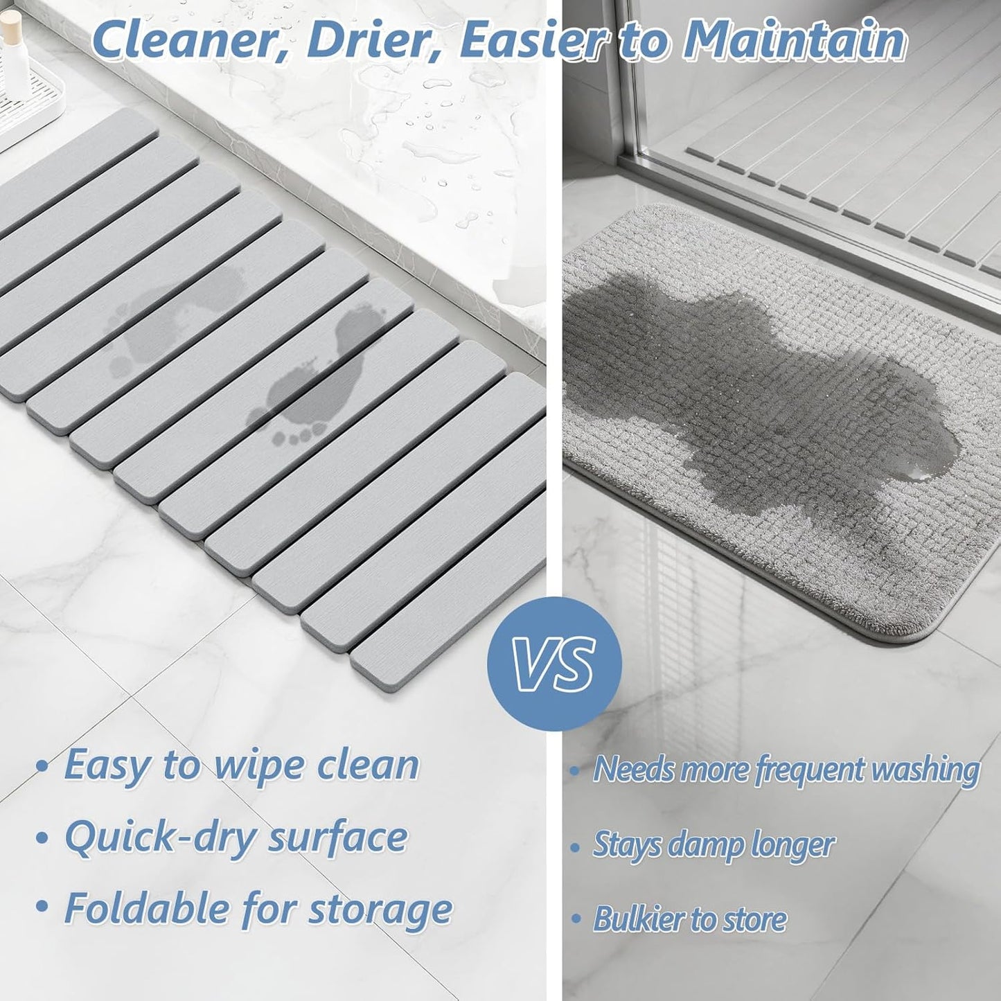 AWW Foldable Stone Bath Mat, Quick Dry Diatomaceous Earth Bath Mat with Non-Slip Mat, Super Absorbent, Easy to Clean, Compact for Small Bathrooms, 23.6 x 15.5, Grey
