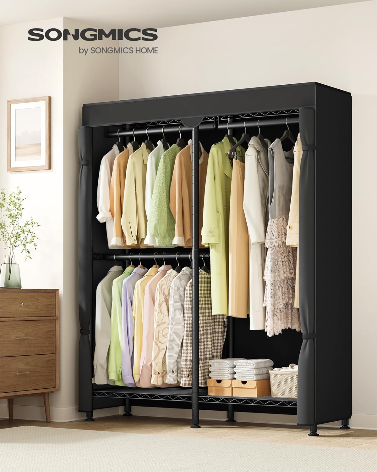 SONGMICS Heavy-Duty Clothes Rack, Garment Rack, Portable Closet, 68.7-Inch Wide Clothing Rack with Adjustable Mesh Shelves and Hanging Rails, Ink Black ULGR433B01