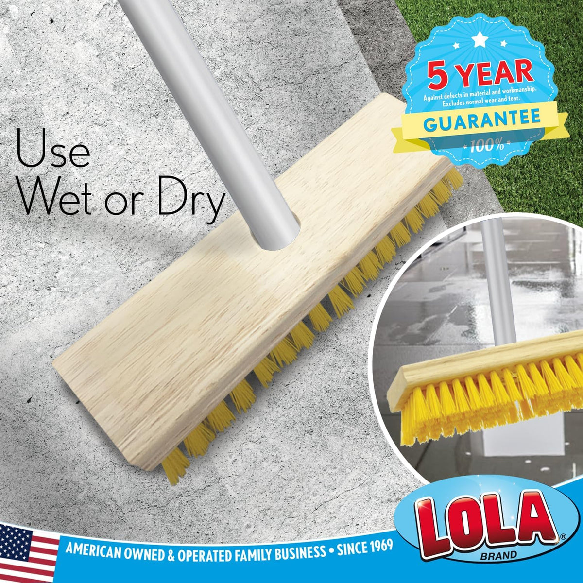 LOLA Deck Scrub Brush Outdoor Broom, Durable Bristles Remove Dirt, Grime, Grout, Leaves, Snow on Patios, Decks, Wet or Dry