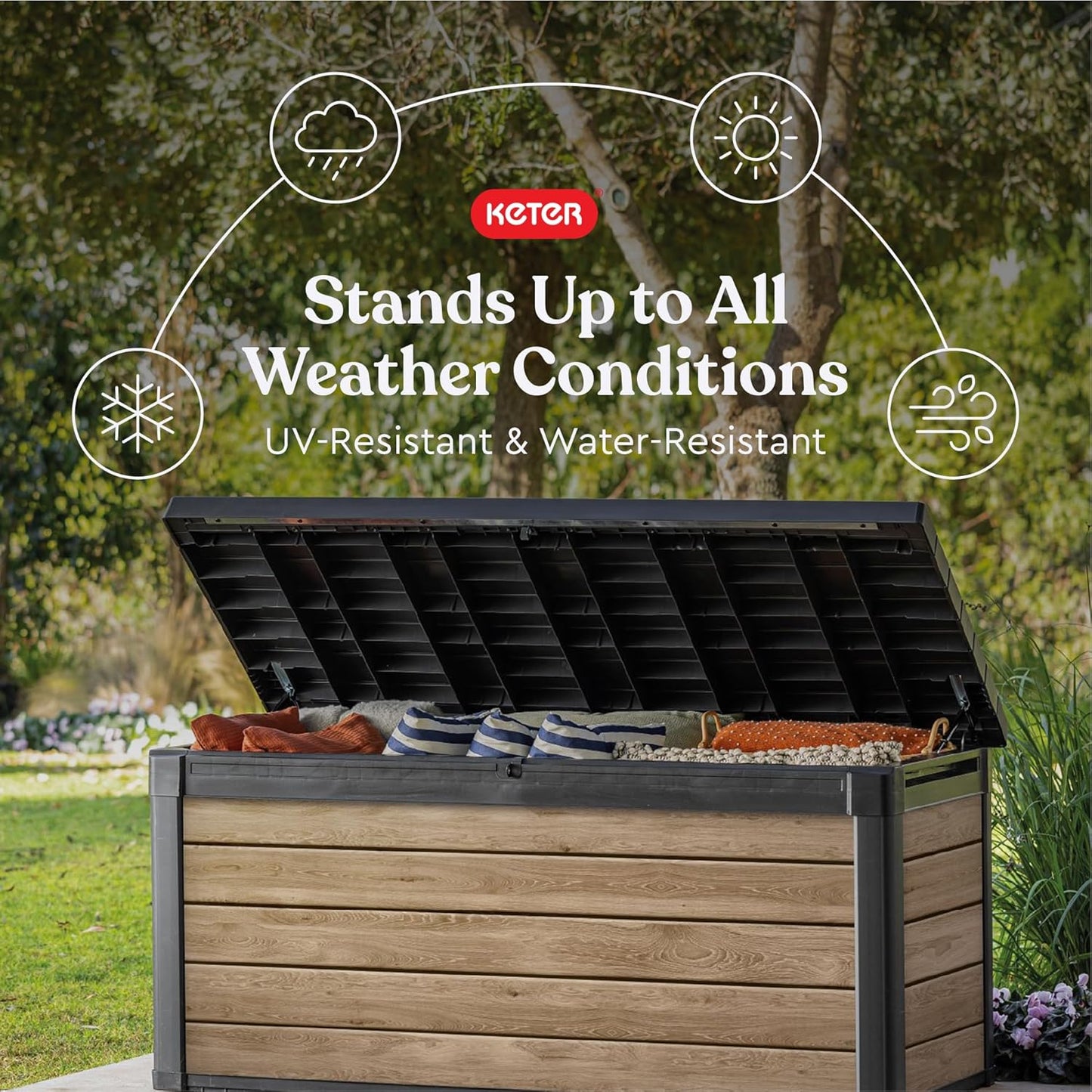 Keter Signature Everwood 30 Gallon Resin Outdoor Storage Box and Patio Furniture Side Table for Pool and Garden Accessories, Walnut