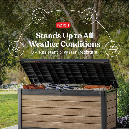 Keter Signature Everwood 30 Gallon Resin Outdoor Storage Box and Patio Furniture Side Table for Pool and Garden Accessories, Walnut