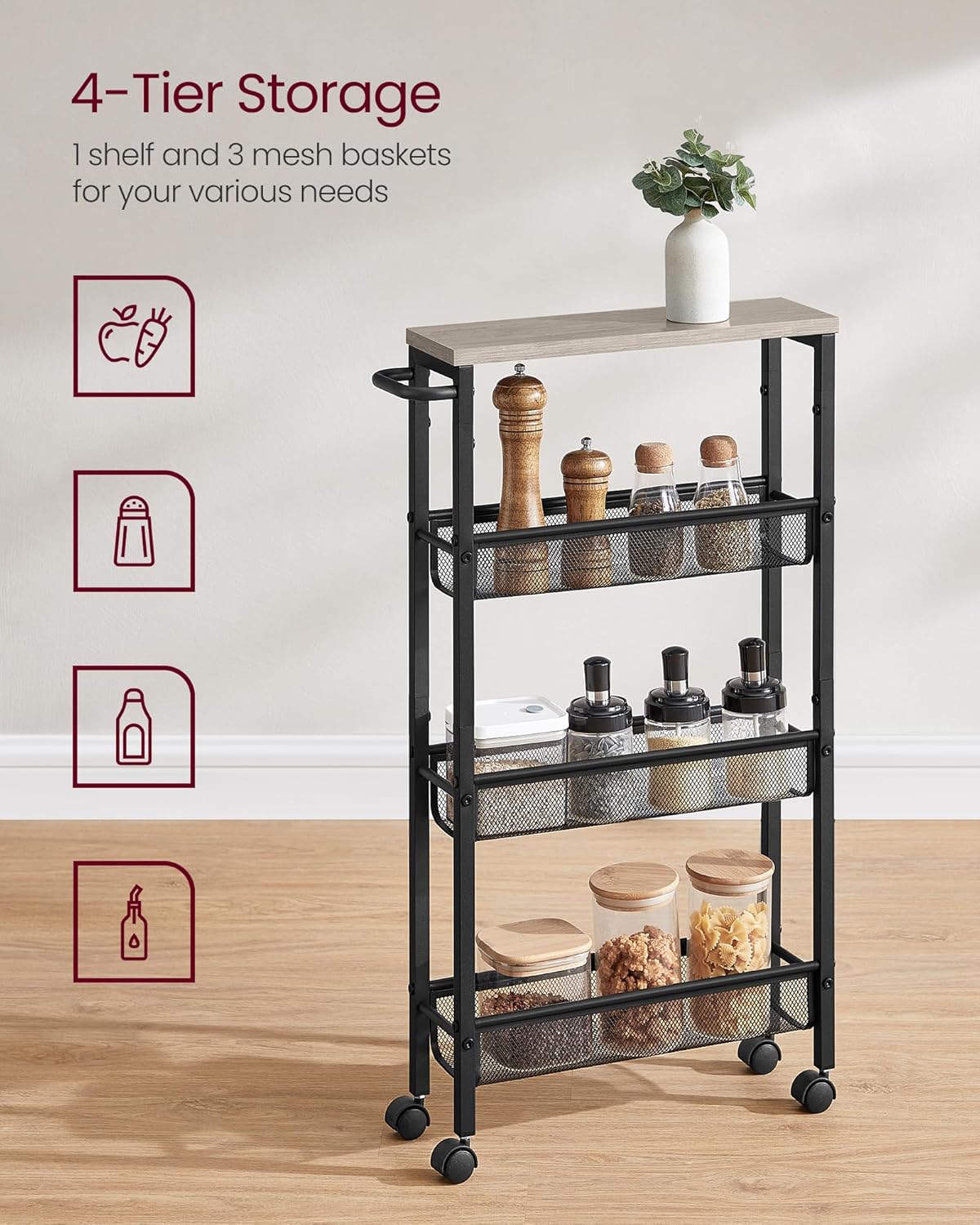 VASAGLE Slim Rolling Cart, 4-Tier Narrow Storage Cart with Handle, 5.1 Inches Deep, Metal Frame, for Kitchen, Dining Room, Living Room, Home Office, Rustic Brown and Classic Black ULRC032B01V1