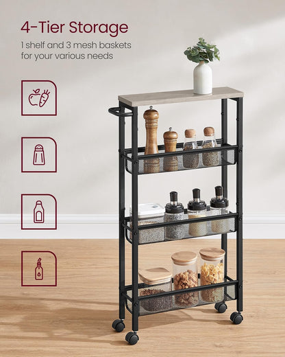 VASAGLE Slim Rolling Cart, 4-Tier Narrow Storage Cart with Handle, 5.1 Inches Deep, Metal Frame, for Kitchen, Dining Room, Living Room, Home Office, Rustic Brown and Classic Black ULRC032B01V1