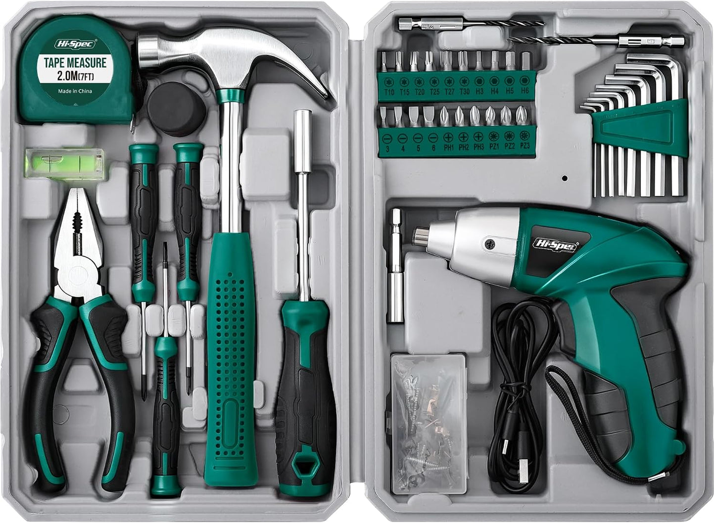 Hi-Spec 4V Electric Screwdriver Tool Kit Set. Cordless USB Rechargeable Screwdriver with Home Repair Tools. 42pc Compact Portable Case, DIY Kit for Beginners and the Household - Green