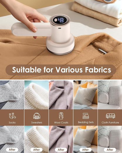 Fabric Shaver Fuzz Remover Rechargeable, HOMEASY Electric Lint Remover Shaver with 3 Blades & LED Digital Display, Sweater Couch Fabric Pill Shaver for Sweater, Couch, Furniture (White)