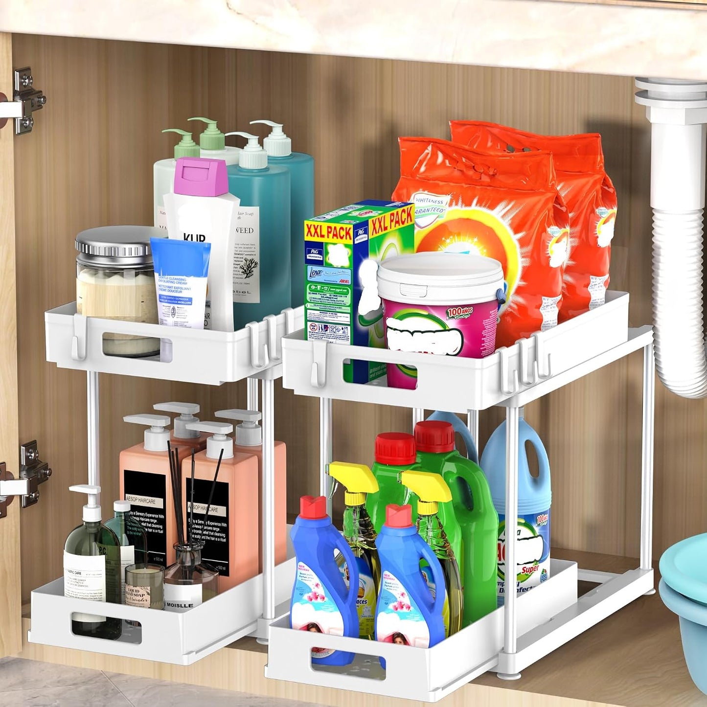 2 Pack Under Sink Organizer with Pull-Out Drawer, Black | 2-Tier Cabinet Storage, Kitchen & Bathroom, Tool-Free Assembly, Fits Cleaning Supplies & Toiletries, Space Saving