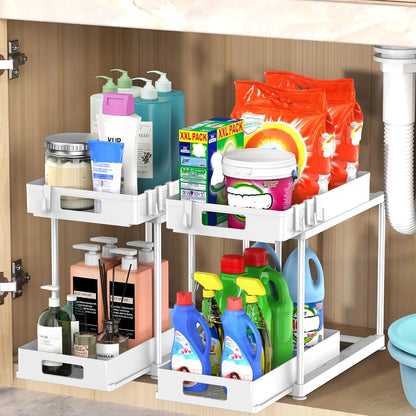 2 Pack Under Sink Organizer with Pull-Out Drawer, Black | 2-Tier Cabinet Storage, Kitchen & Bathroom, Tool-Free Assembly, Fits Cleaning Supplies & Toiletries, Space Saving