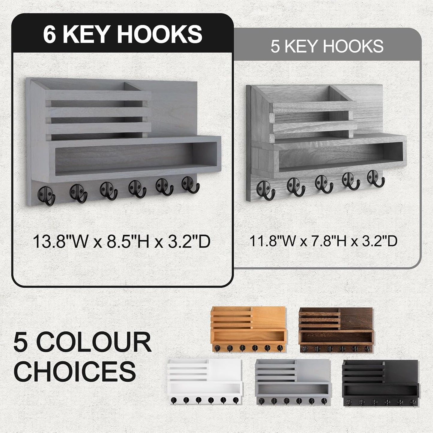 Key and Mail Holder Wall Mount, Key Hanger with Long Storage Box and 5 Hooks for Coat, Dog Leash, Home Decor Rack, House Accessories, Entry Way Organizer 11.8”W x 7.8”H x 3.2”D