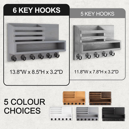 Key and Mail Holder Wall Mount, Key Hanger with Long Storage Box and 5 Hooks for Coat, Dog Leash, Home Decor Rack, House Accessories, Entry Way Organizer 11.8”W x 7.8”H x 3.2”D