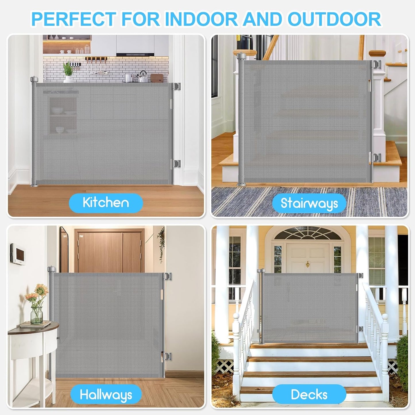 71 inch Retractable Baby Gates, EZIGO Extra Wide Baby Gate for Large Opening Extra Long Mesh Gate for Kids or Pet Dog Gate Child Safety Gate for Stairs Hallways Doorway Indoor Outdoor, Gray