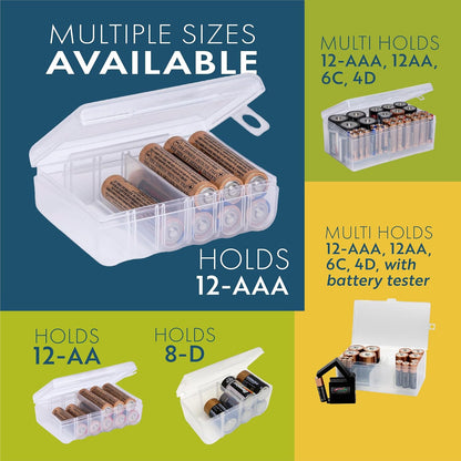 Dial Industries Battery Organizer Case with Tester for 12 AAA 12 AA 6C 4D | Compact cases for organizing in garage, toolboxes, RVs etc. Clear cases so easy to find in emergencies vs loose in drawer.