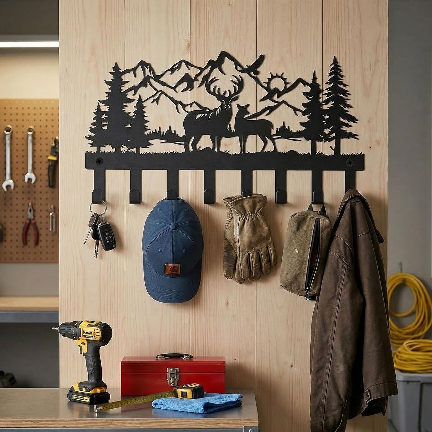 Deer Mountain Metal Key Holder Wall Mount Key Holder for Wall Rustic Cabin Decor Key Rack Hooks Hanger Woodland Wildlife Wall Art Entryway Organizer Housewarming Hunting Gifts