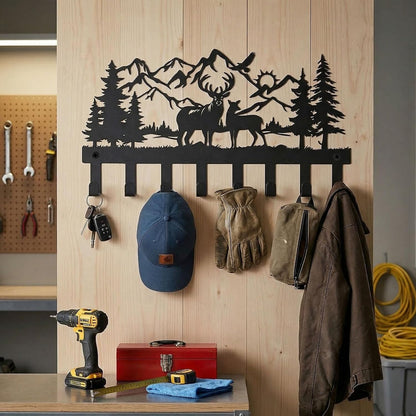Deer Mountain Metal Key Holder Wall Mount Key Holder for Wall Rustic Cabin Decor Key Rack Hooks Hanger Woodland Wildlife Wall Art Entryway Organizer Housewarming Hunting Gifts
