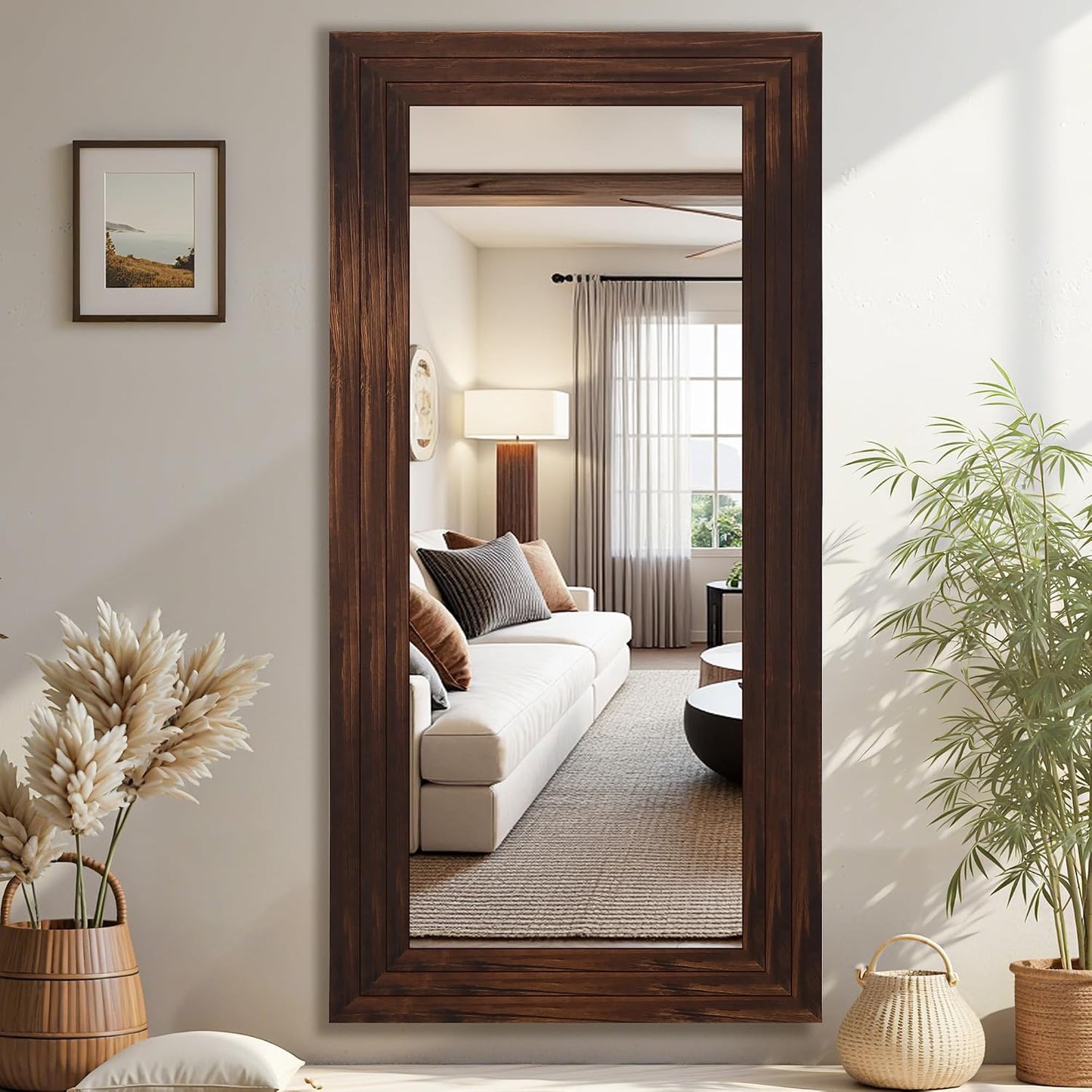 Antok Full Length Mirror with Solid Wood Frame, 71"×32" Wall Mounted Oversized Floor Mirror with Stand, Leaning Standing Hanging for Bedroom Living Room Entryway, Walnut, Arched Syle
