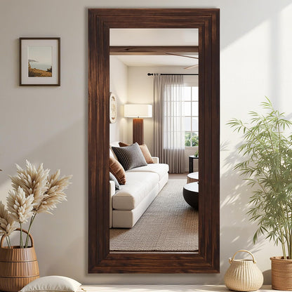 Antok Full Length Mirror with Solid Wood Frame, 71"×32" Wall Mounted Oversized Floor Mirror with Stand, Leaning Standing Hanging for Bedroom Living Room Entryway, Walnut, Arched Syle