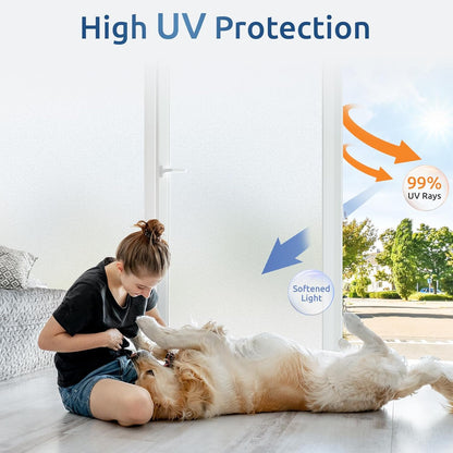 rabbitgoo Window Privacy Film for Glass Windows with Kit Decorative Clings UV Blocking Heat Control Static Cling Removable Bathroom Bedroom Door Home Coverings Pure, 17.5 X 78.7 inches
