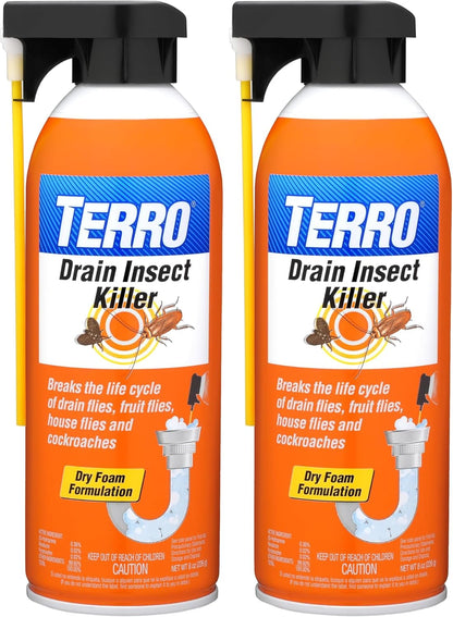 TERRO Drain Insect Killer, 1-Pack, Foam Treatment for Indoor Infestations | Kills Cockroaches, Drain, House, & Fruit Flies, Extension Tube Application, Drain Fly Killer, Works on All Pipes