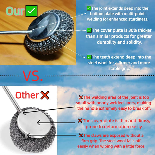Stainless Steel Scrubber Set, Steel Wool & Steel Ball Cleaning Brush with Replaceable Heads, Heavy Duty Steel Cleaner for Oven, Stove, Dishes & Grill,4Pcs Includes 2 Pcs Pads