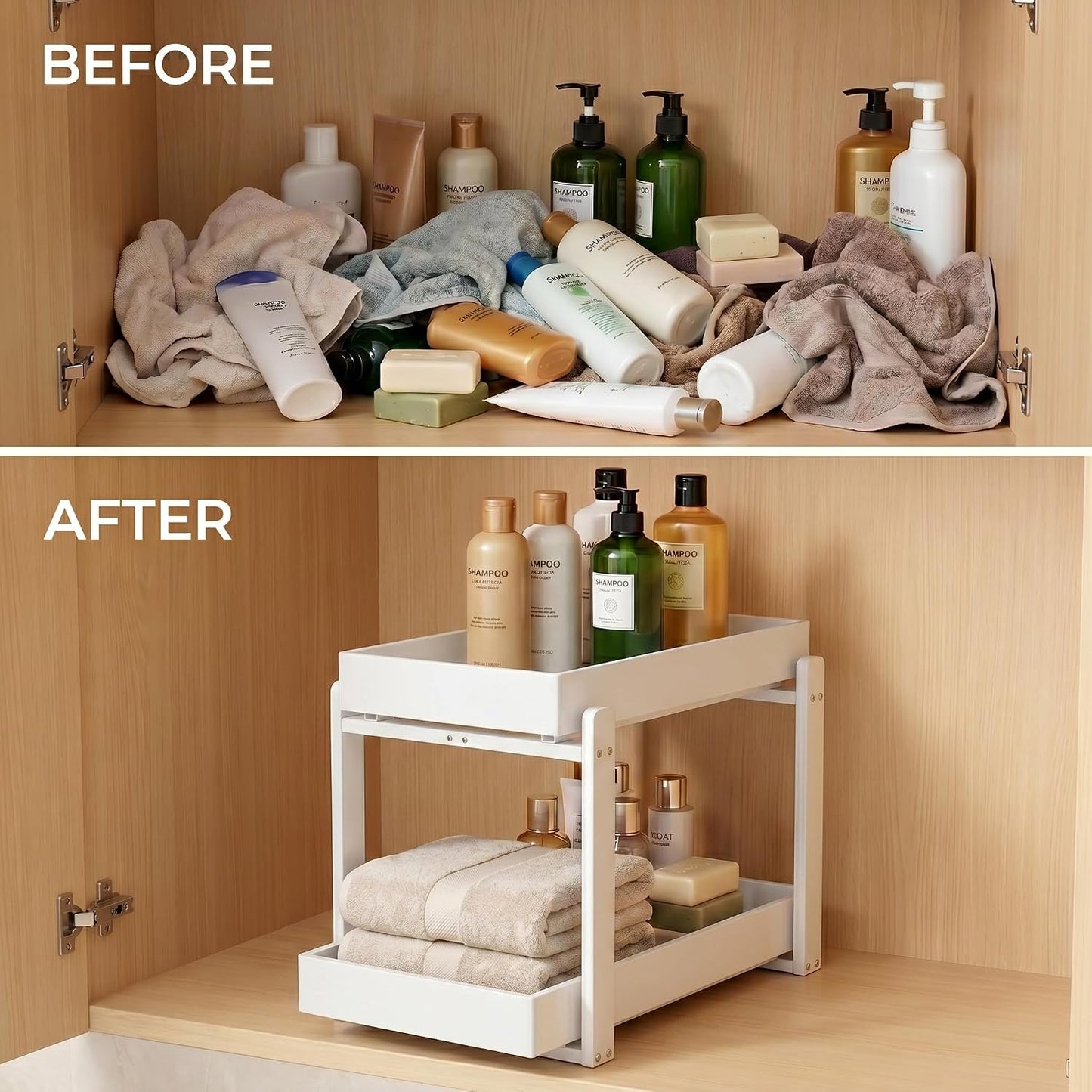 Bamboo Under Sink Organizer Adjustable Height 2 Tier Bathroom Organizer Pull Out Cabinet Storage Kitchen Heave Duty Wood Slide Ou Shelf for Kitchen Bathroom (Black, 2 Packs) (Black, 2 Pack)