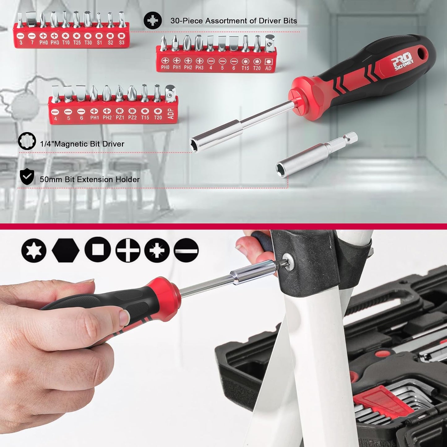 Prostormer 160-Piece Home Repair Tool Set, General Household Hand Tool Kit with Toolbox Storage Case for House, Garage, College Dorm and Office (Red)