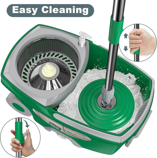 Spin Mop and Bucket System, Mop and Bucket with Wringer Set,Mops for Floor Cleaning,Household Supplies Tools with 6 Replacement Refills,61" Extended Handle for Household Hardwood Floor - Green