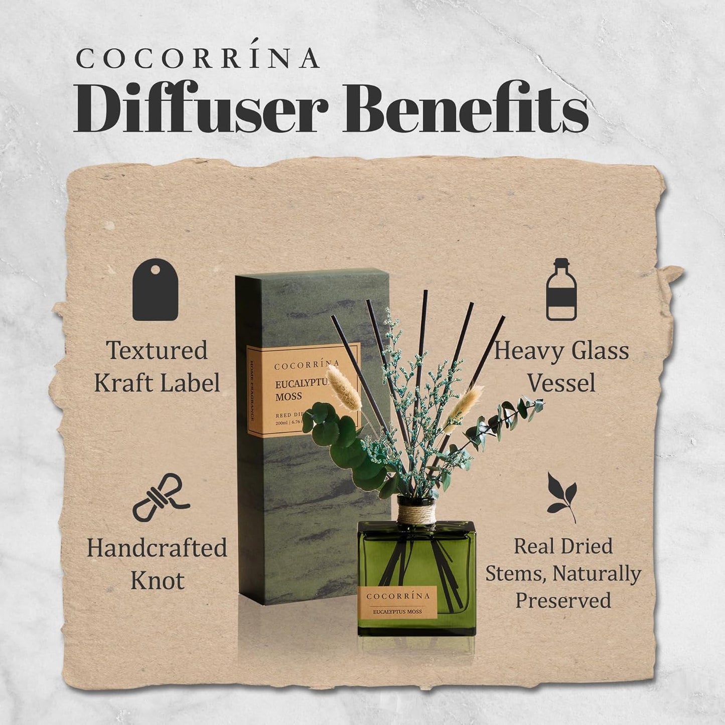 COCORRÍNA Reed Diffuser, 6.76 oz Moroccan Amber Scent Reed Diffuser with 6 Sticks & Dried Flowers, Long Lasting Elegant Fragrance Home Décor for Bathroom Bedroom Office