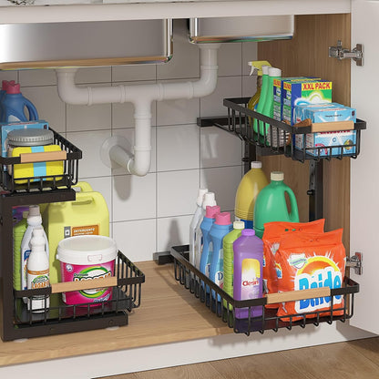 ADRIMER Under Sink Organizer 2 Packs, Pull Out Kitchen Sink Organizer, 2 Tier Slide Out Kitchen Organizers and Storage Bathroom Under Cabinet Storage Shelf, Transparent & White
