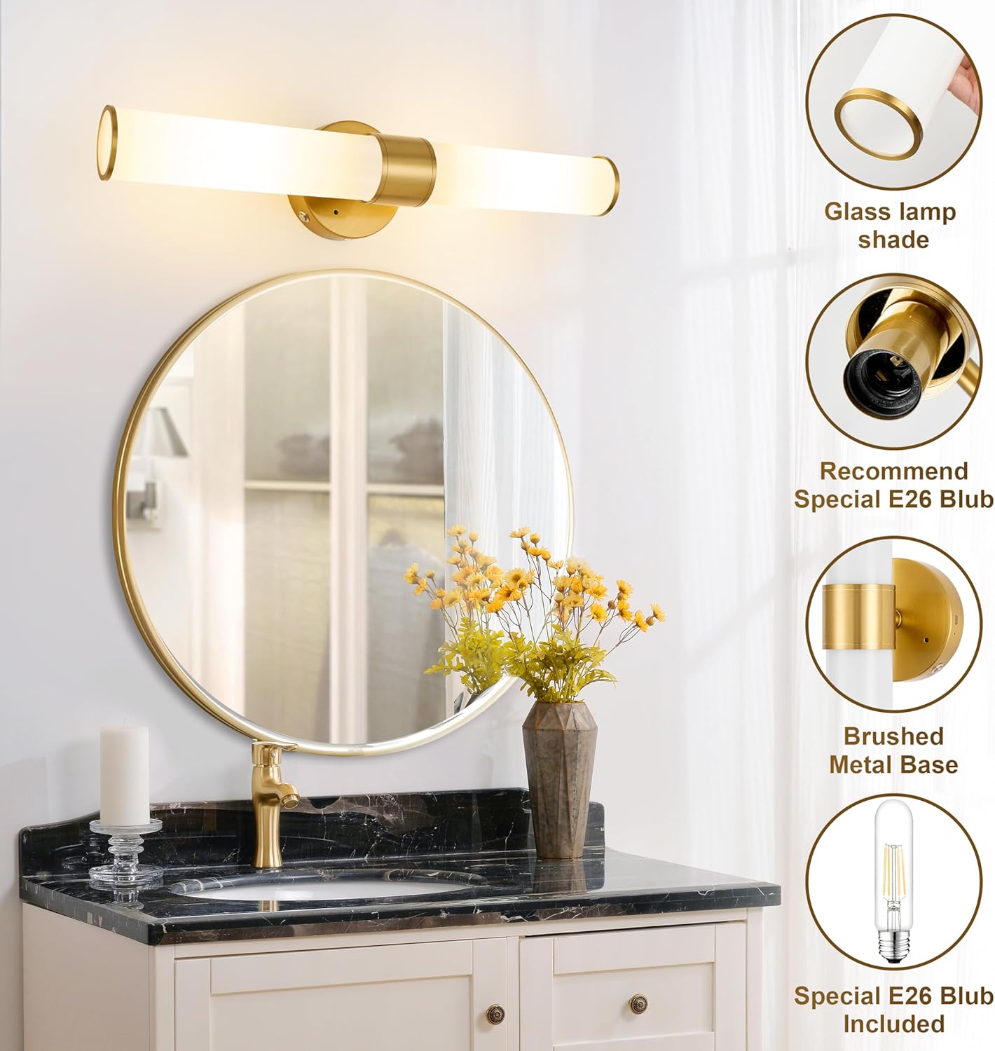 Morauroral Gold Battery Operated Wall Sconces Set of Two, Rechargeable Wall Sconce with Dimmable Remote Control, 20 Inch Wireless Sconce Wall Light for Bedroom, Living Room (Bulbs Included)