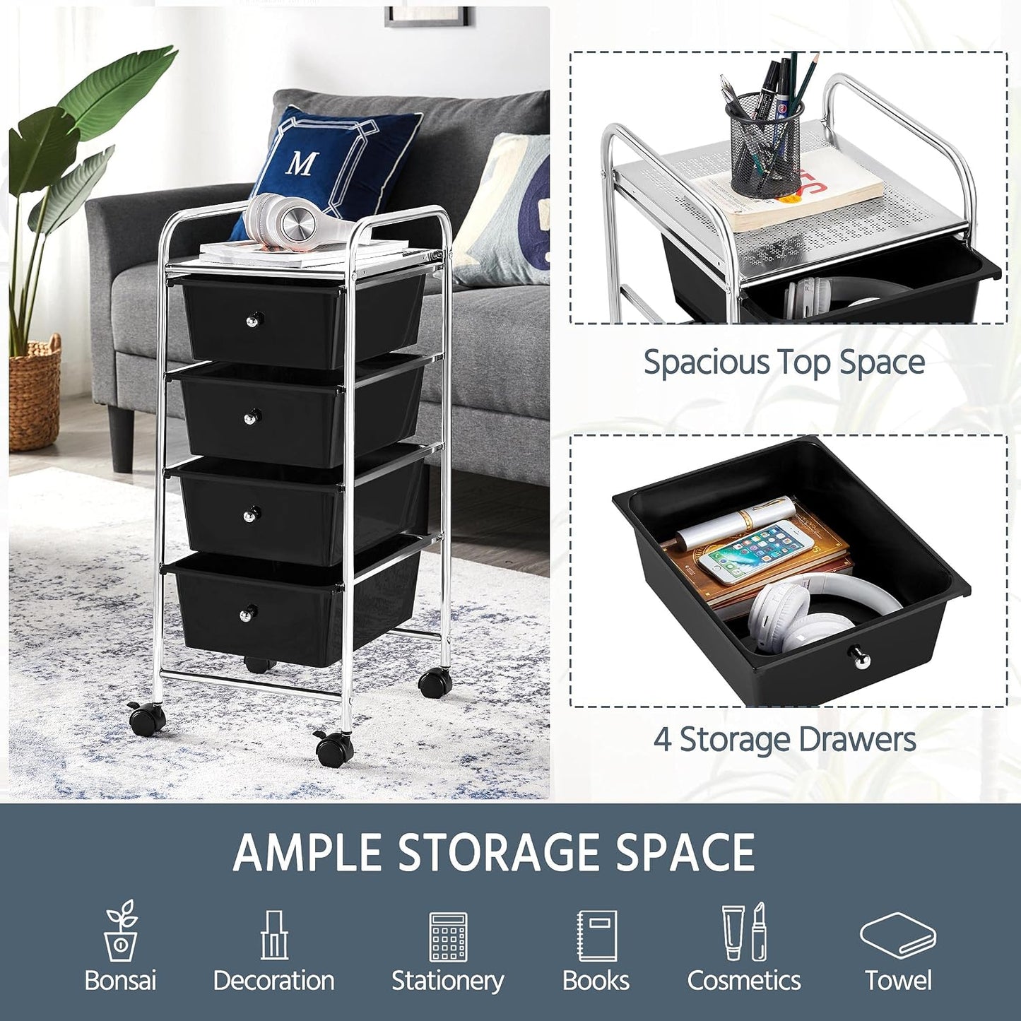 Yaheetech 4-Drawer Rolling Storage Cart with Wheels, Slim Organizer, Black | Four drawers plus a top shelf organize craft to bath gear; slim chrome-steel frame, plastic bins, locking wheels, easy setup.
