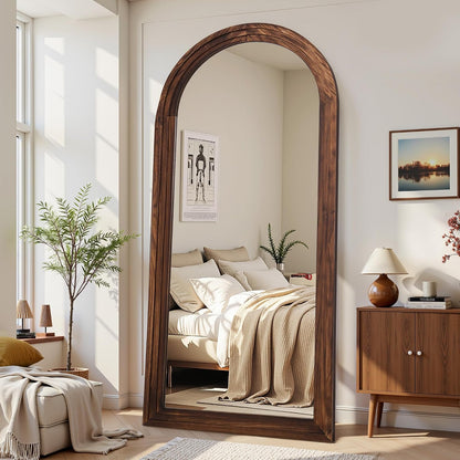 Antok Full Length Mirror with Solid Wood Frame, 71"×32" Wall Mounted Oversized Floor Mirror with Stand, Leaning Standing Hanging for Bedroom Living Room Entryway, Walnut, Arched Syle