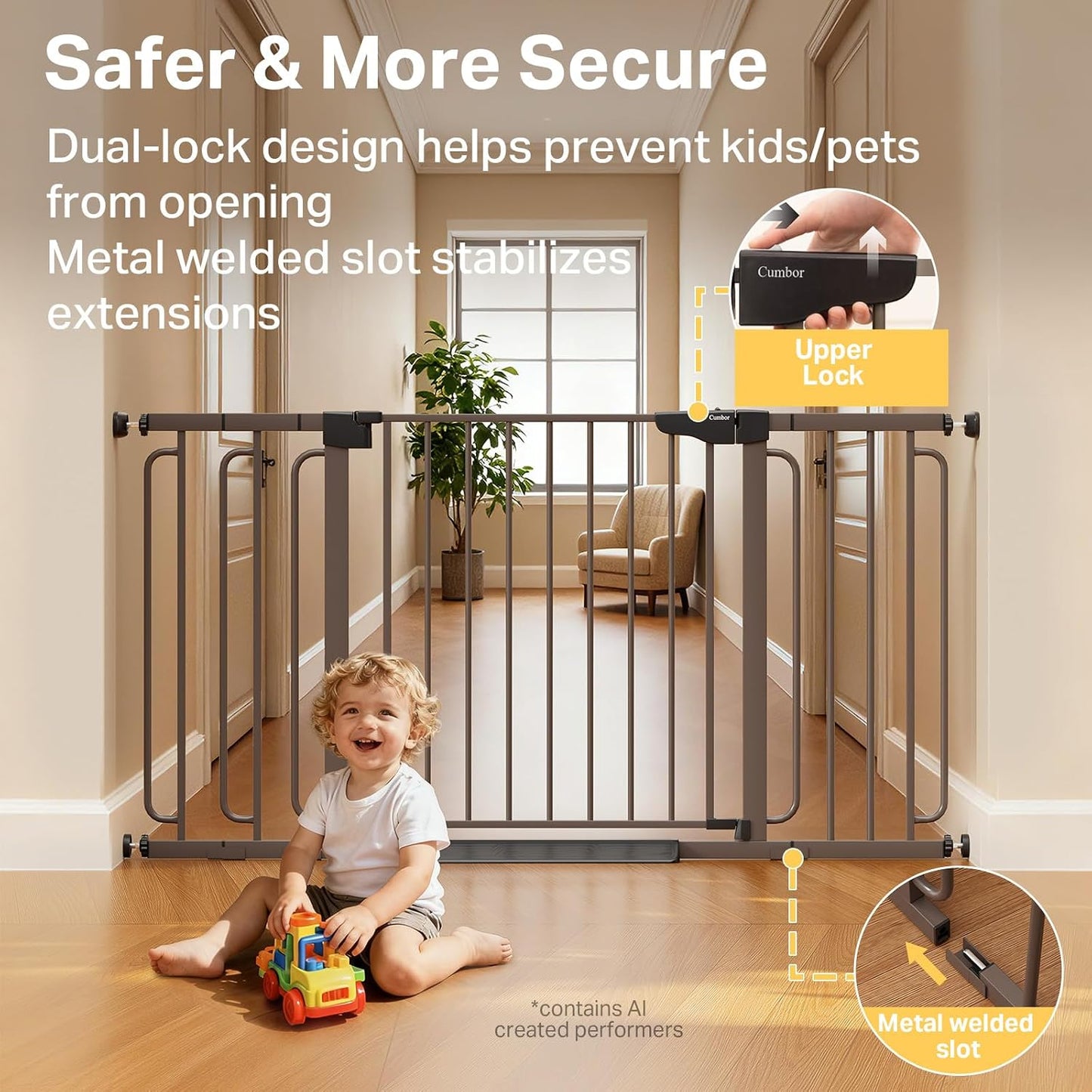 Cumbor 29.7-48" Baby Gate for Stairs, Mom's Choice Awards Winner-Dog Gate for Doorways, Auto Close Safety Pet Gate for Dogs Indoor, Easy Install Pressure Mounted Child Gate with Walk Thru Door, Brown