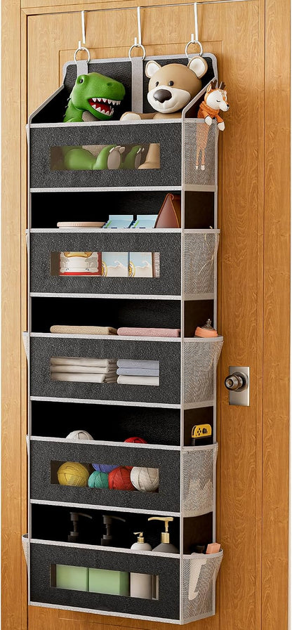 2 Pack 5 Tier Over The Door Organizer - Large Capacity Behind Door Hanging Shelves with 10 Mesh Pockets and Clear Windows, Closet Organizers and Storage for Bathroom, Bedroom, Nursery, Grey