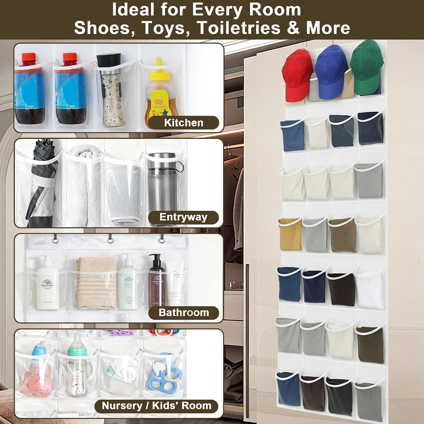 Over the Door Shoe Organizer with 24 Crystal Clear Pockets and Metal Hooks – Heavy Duty Hanging Shoe Storage Rack for Closet, Bathroom, Dorm – Space Saving for Shoes, Accessories, Toys (White)