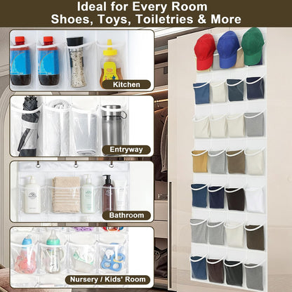 Over the Door Shoe Organizer with 24 Crystal Clear Pockets and Metal Hooks – Heavy Duty Hanging Shoe Storage Rack for Closet, Bathroom, Dorm – Space Saving for Shoes, Accessories, Toys (White)