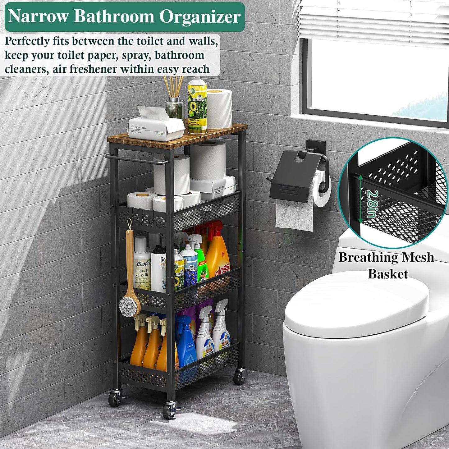 OKZEST Utility Slim Storage Cart, 4 Tier Small Rolling Kitchen Laundry Room Cart with Wood Top, Metal Narrow Bathroom Storage Cabinet Mobile Shelf Unit Organizer Trolley with Handle for Narrow Space