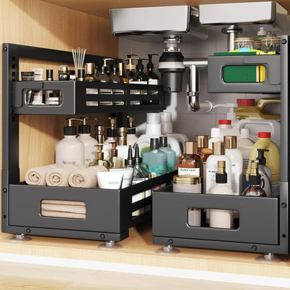 2 Pack Under Sink Organizer,Pull Out Cabinet Organizer with Smooth Cylindrical Rail,Metal Slide Out Drawer for Kitchen Bathroom Laundry Cabinet,8-Level Tool Free Height Adjustable-Black