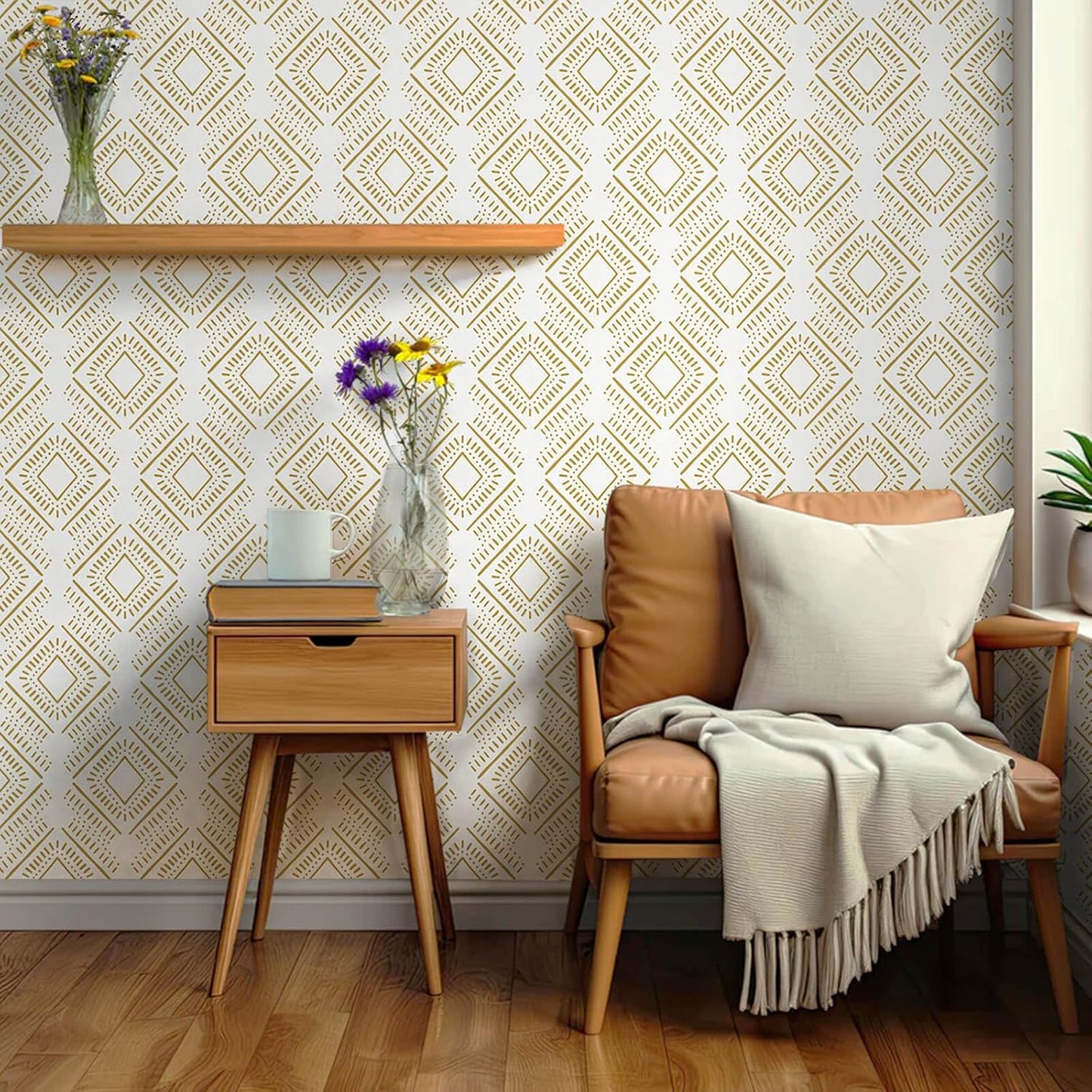 Heroad Boho Peel and Stick Wallpaper Beige Renter Friendly Wall Paper Peel and Stick Modern Contact Paper Neutral Geometric Wallpaper for Bedroom Bathroom Cabinets Decor Vinyl Waterproof 17.3"x78.7"