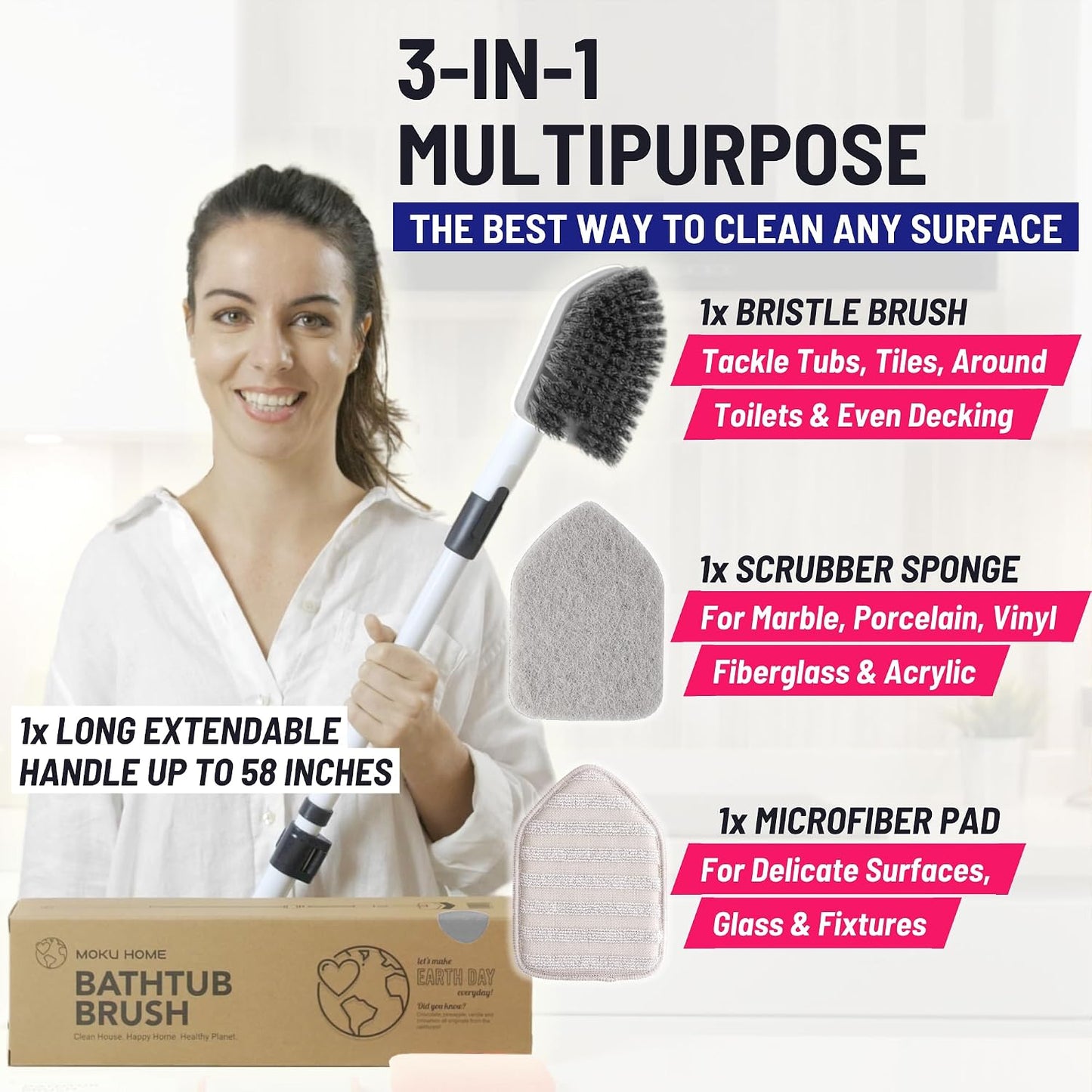 Moku Home Shower Scrubber 3 in 1 Extendable Long Handle 58" Cleaning Brush | Non-Scratch Bathroom Scrubber for Tub, Tile, Shower, Kitchen, Toilet, Sink, Wall & Floor; Telescopic Shower Cleaning Brush
