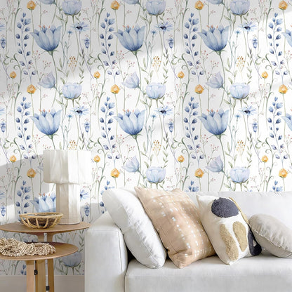HeloHo Blue Floral Wallpaper Peel and Stick Self Adhesive Removable Wall Paper 16.1" X 118" Renter Friendly Waterproof Wallpaper Contact Paper for Furniture Living Room Bedroom Decor