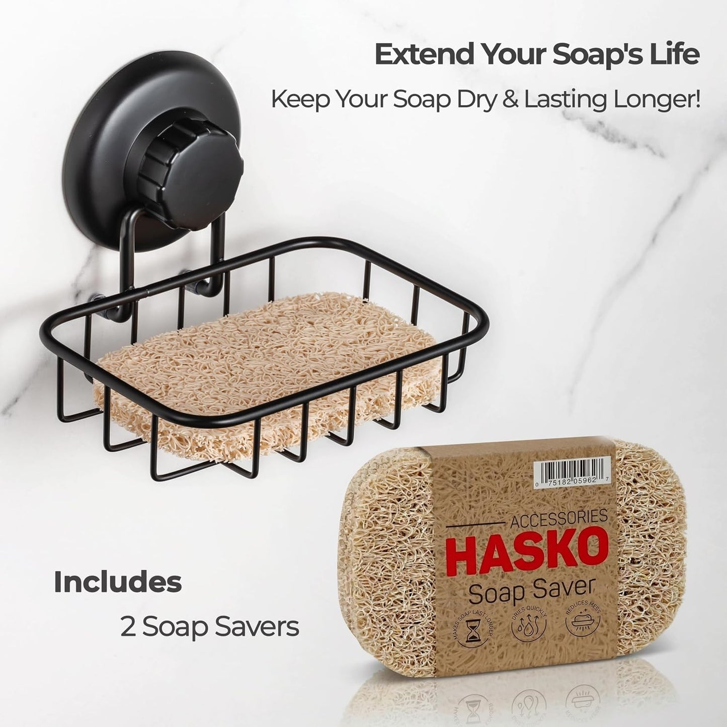 HASKO 2-Pack Suction Cup Soap Holder – Bar Soap Dish for Shower with Hooks for Bathroom – Optional Mounting with Adhesive Tape or Glue – Includes 2 Soap Savers – Stainless Steel SS304 - Silver