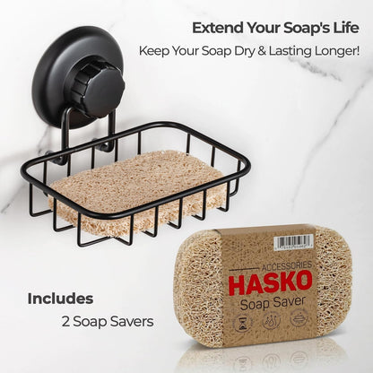 HASKO 2-Pack Suction Cup Soap Holder – Bar Soap Dish for Shower with Hooks for Bathroom – Optional Mounting with Adhesive Tape or Glue – Includes 2 Soap Savers – Stainless Steel SS304 - Silver