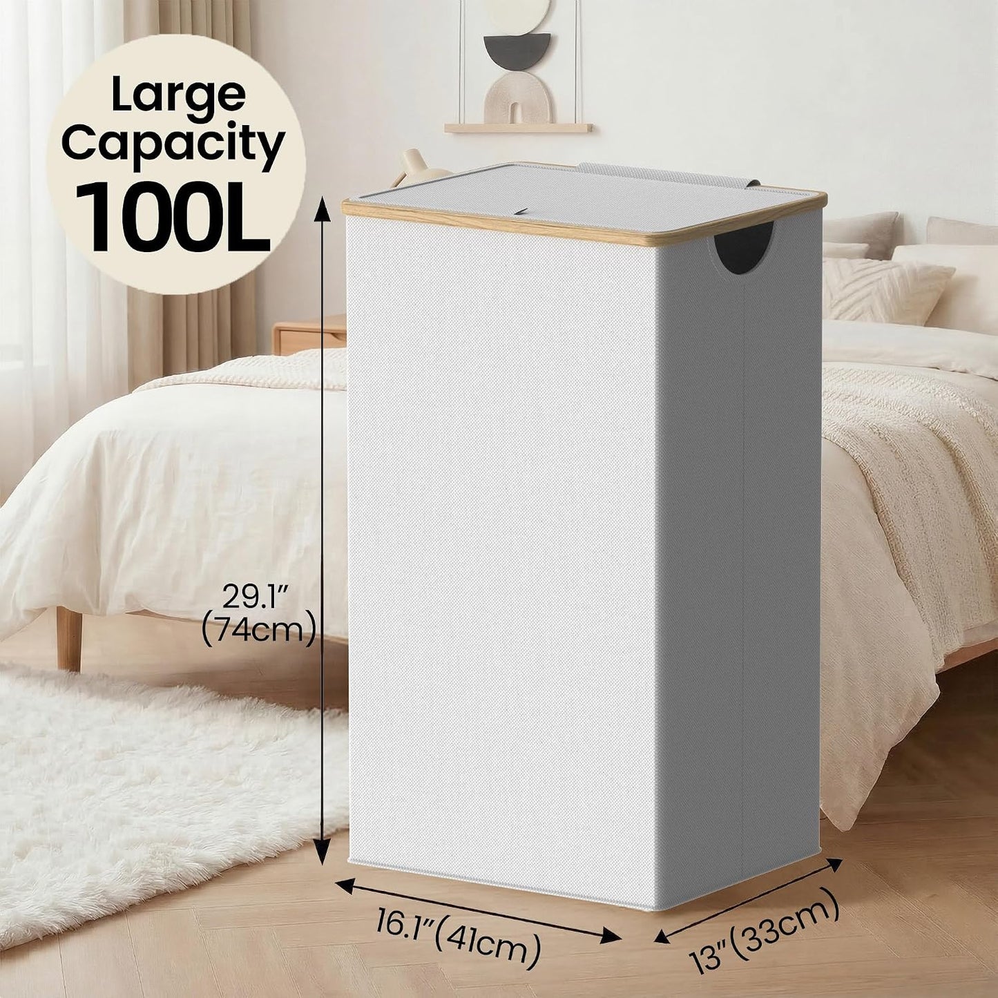 efluky Slim Laundry Basket with Lid, Narrow Laundry Hamper with Removable Bag, Skinny Dirty Clothes Basket with Bamboo Handles for Bathroom, Bedroom & Laundry Room, 75L Beige