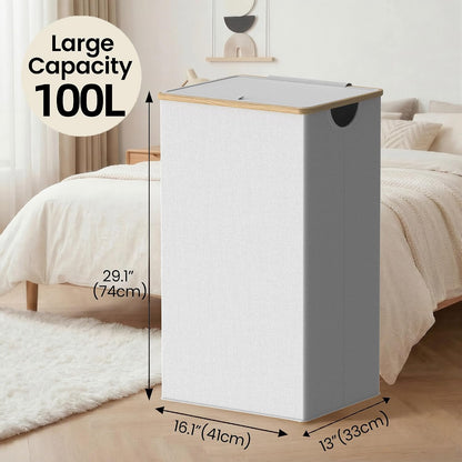 efluky Slim Laundry Basket with Lid, Narrow Laundry Hamper with Removable Bag, Skinny Dirty Clothes Basket with Bamboo Handles for Bathroom, Bedroom & Laundry Room, 75L Beige