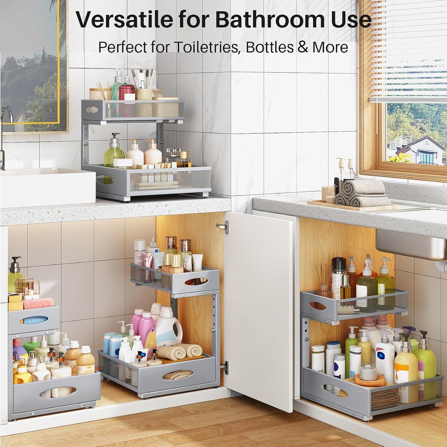 Under Sink Organizer, 2 Pack 2 Tier Pull Out Under Cabinet Organizer Shelf with Pad for Framed Cabinets, Metal Slide Out Under Sink Storage, Mesh Sliding Drawers for Kitchen Bathroom Laundry, Black