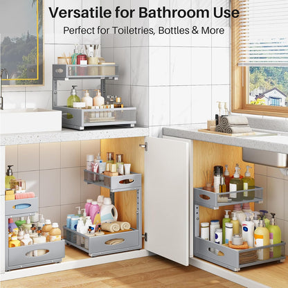 Under Sink Organizer, 2 Pack 2 Tier Pull Out Under Cabinet Organizer Shelf with Pad for Framed Cabinets, Metal Slide Out Under Sink Storage, Mesh Sliding Drawers for Kitchen Bathroom Laundry, Black