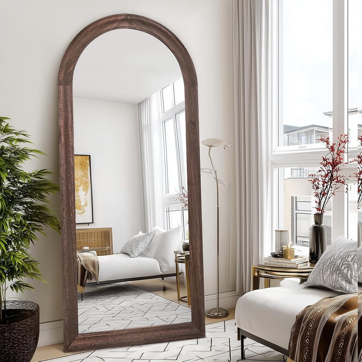 Solid Wood Full Length Mirror - 65"x22" Arched Floor Mirror, Free Standing & Wall Mounted - Elegant Design for Bedroom, Dressing Room, Hallway, Brown